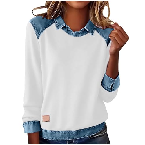 UHouse Bluse Damen Langarm Shirt Elegante Blusenshirt Freizeit Jeansbluse Lässig Langarmshirt mit Knopfleiste Leichte Hemdbluse Vintage Oberteile Mode Blusen Sweatshirt Frauen Longsleeve Weiß M