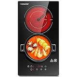 Domino Glaskeramikkochfeld, AMZCHEF Doppel Glaskeramik Kochfeld mit Schwarz Polierter Kristallglasoberfläche,3-Stunden-Timer und 9-Leistungsstufen-Einstellung,Kindersicherung,Geeignet für Alle Töpfe