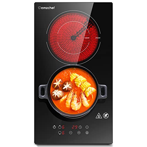 Domino Table de cuisson vitrocéramique,AMZCHEF double vitrocéramique avec en verre de cristal noir poli,commande tactile,un verrou de pour enfants, minuterie,adaptés à tout batterie de cuisine