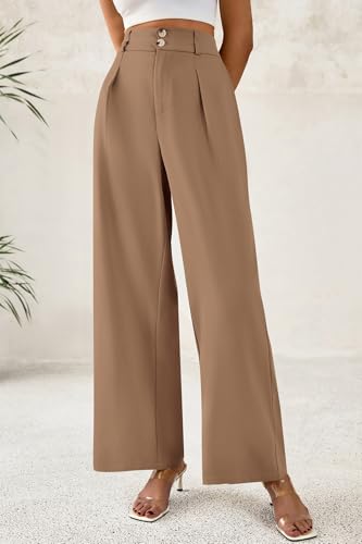 Image of CFLONGE Women Wide Leg Dress Pants High Waist Work Trousers Button Pleated Slacks Palazzo Pants Business Casual Outfits