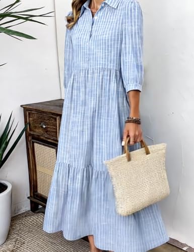 XNC Women's Blue and White Striped Shirt Maxi Dress 2025 Summer Fashion Collared Breezy Print 3/4 Sleeve Long Dresses4