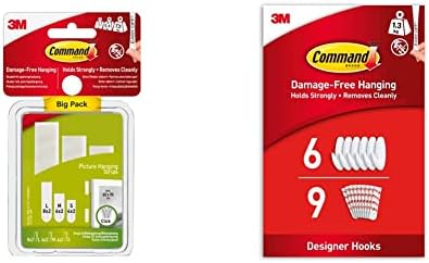 Command Picture Hanging Strips, Value Pack - 8 Sets L & Designer Hooks - Medium - White - Pack of 6 Hooks and 9 Medium Strips for Indoor Use - Organise Without Damage