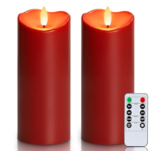 Image of Homemory Burgundy Flameless Candles, Waterproof Flickering Candles, Outdoor Battery Operated LED Pillar Candles with Remote Timer, Electric Fake Plastic Candles, Red, Christmas Decor, 3 inch x 8 inch8 inch