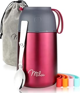 Milu® Thermo Food Flask - 450, 650, 800ml - Stainless Steel insulated Container - Lunchbox - Jar with Spoon for hot and cold food (Black, 450ml)