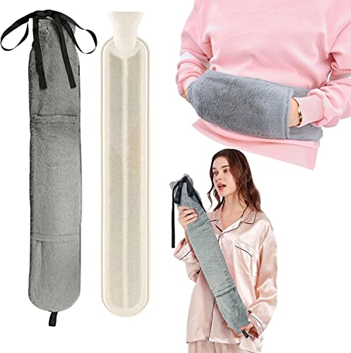 ZUOMIDIE Wärmflasche Lang - Weich Bezug mit Gurt und Kängurutaschen 72cm 2 L, Lange Wärmflasche mit Bezug Flauschig zum Umbinden für Schulter,Bettflasche,Nacken, Frauen Geschenk(Grau) Cover