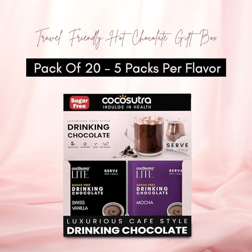 Image of COCOSUTRA Sugar Free Drinking Chocolate Hamper | Travel Friendly | 4*5 Single Serve Sachets | 4 Hot Chocolate Flavors | Zero Sugar, Low Carb, Low Calorie | Stevia & Erythritol based | Gift Pack | Gluten Free & Vegan | Enjoy Hot or Cold | 400g