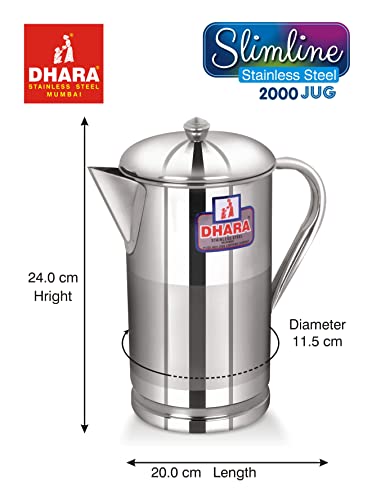 Image of Dhara Stainless Steel 2L Water Jug with Lid, Slim Steel Jug for Dining Table Water Serving, Leakproof, Rust Resistant Easy Pour Slimline Pitcher