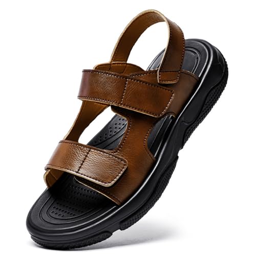 CROSSBABY Men's Genuine Leather Hollow-Out Business Sandals,Adjustable Closed Toe Flat Fisherman Shoes,Summer Outdoor Casual Anti-Slip Beach Sandals