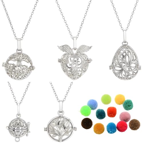 SUNNYCLUE 1 Box 5Pcs Essential Oil Diffuser Jewellery Aromatherapy Necklaces with 20Pcs Pom Pom Balls Tree Of Life Heart Angel Wings Hollow Bead Cage Pendants Diffuser Jewellery for Women Adult Gifts