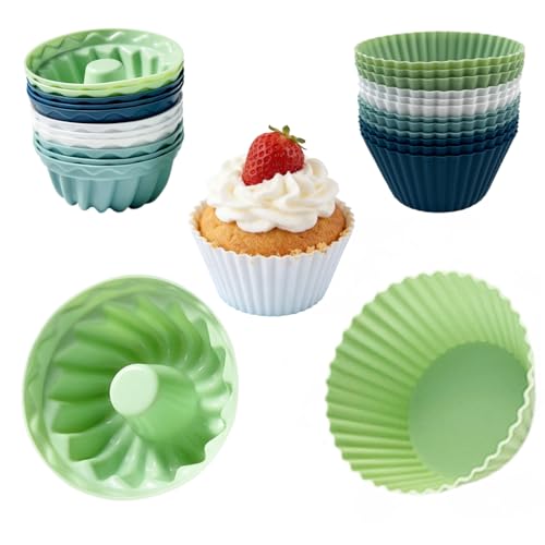 Juego de 24 moldes de silicona y moldes para magdalenas, sin BPA, antiadherentes, reutilizables, para mini magdalenas, brownies, pudín para horno, airfryer, congelador y lavavajillas