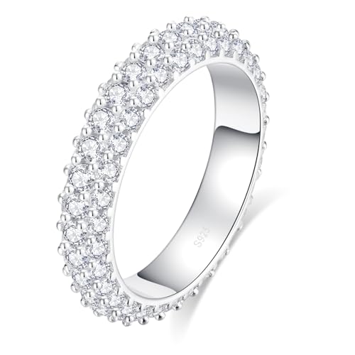 ceerom Moissanite 3 Row Eternity Ring for Women 2CTTW D Color VVS1 Clarity Moissanite Wedding Ring S925 Sterling Silver 18K White Gold Plated Genuine Moissanite Promise Wedding Band for Her Size 8.5