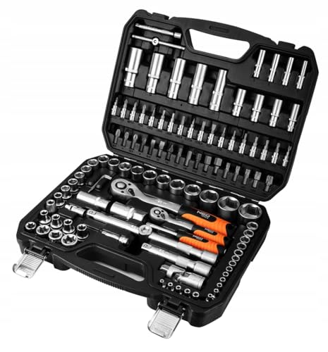 NEO TOOLS Schlüsselsatz 108 teilig 1/2 1/4 Zoll im robusten Koffer | Steckschlüsselsatz aus CrV Stahl | Komplettset für Werkstatt, Garage, Heimwerker