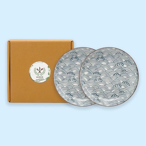 Image of Japanese Style 8-Inch Ceramic Round Dinner Plate - Microwave & Dishwasher Safe, 20.4x4.3cm Porcelain Dish for Seafood, Appetizers & Snacks, Waves (2 Piece)
