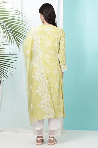 Image of W for Woman Floral Printed Shantung Flared Kurta, Straight Pants and Dupatta Set