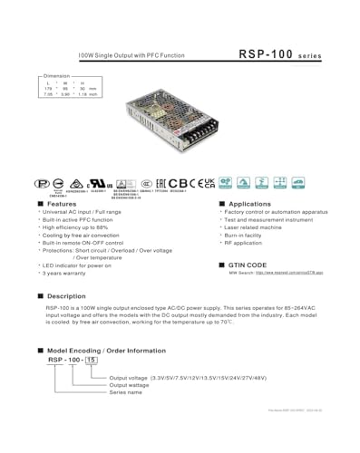 RSP-100-15 alimentation compacte 15V avec profil bas perforé