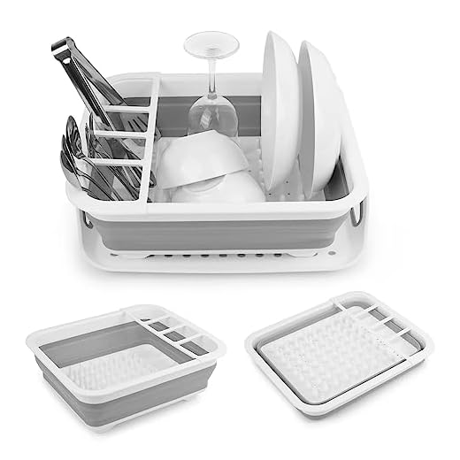 Collapsible Dish Drying - Rack with Drainer Board Set Portable Dish Drainers for Small Kitchen Camper RV Caravan Travel Trailer (Grey)