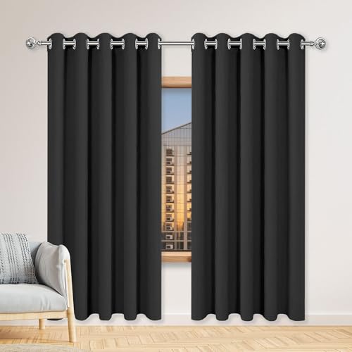 遮光カーテン 小窓 カーテン遮光間仕切り 165 x 205 cm 保温昼夜目隠し防寒冷気断断熱節電対策防音小窓ドレプ無地おしゃれ洗える/出用掃き出腰幼稚園, ブラック