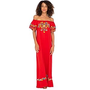 Back From Bali Womens Off Shoulder Long Mexican Embroidered Dress Maxi Boho Floral Summer Peasant Dress