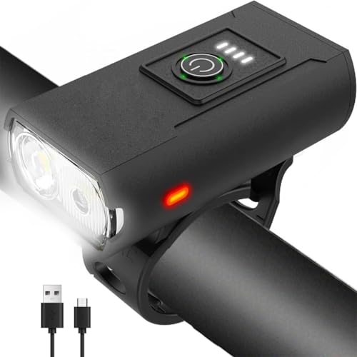 USB充電式LEDバイクライト、3モード、バッテリー残量表示、フロント＆リアライト付き、自転車用防水ヘッドライト、ブラック