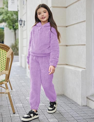 Image of Arshiner Girls 2 Piece Outfits Sweatsuit Fuzzy Long Sleeve Bear Ear Hoodie Sweatshirt and Sweatpant Kids Clothing Sets
