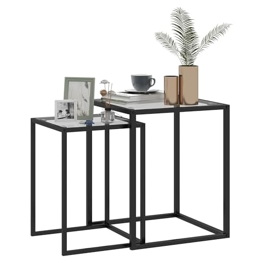 HOMCOM Nesting Tables Set of 2, Side End Table with Tempered Glass Top and Steel Frame for Living Room, Bedroom, Black