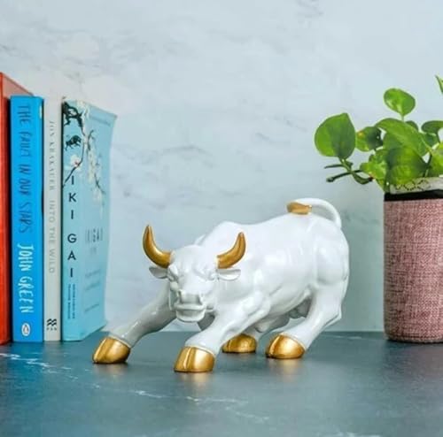 Image of UAG Exports White & Golden Gloss Geometric Charging Bull Idol | Polyresin Bull Statue for Stock Market Success, Office Desk Decor, Trading Room Showpiece Gifting (9 Inch)