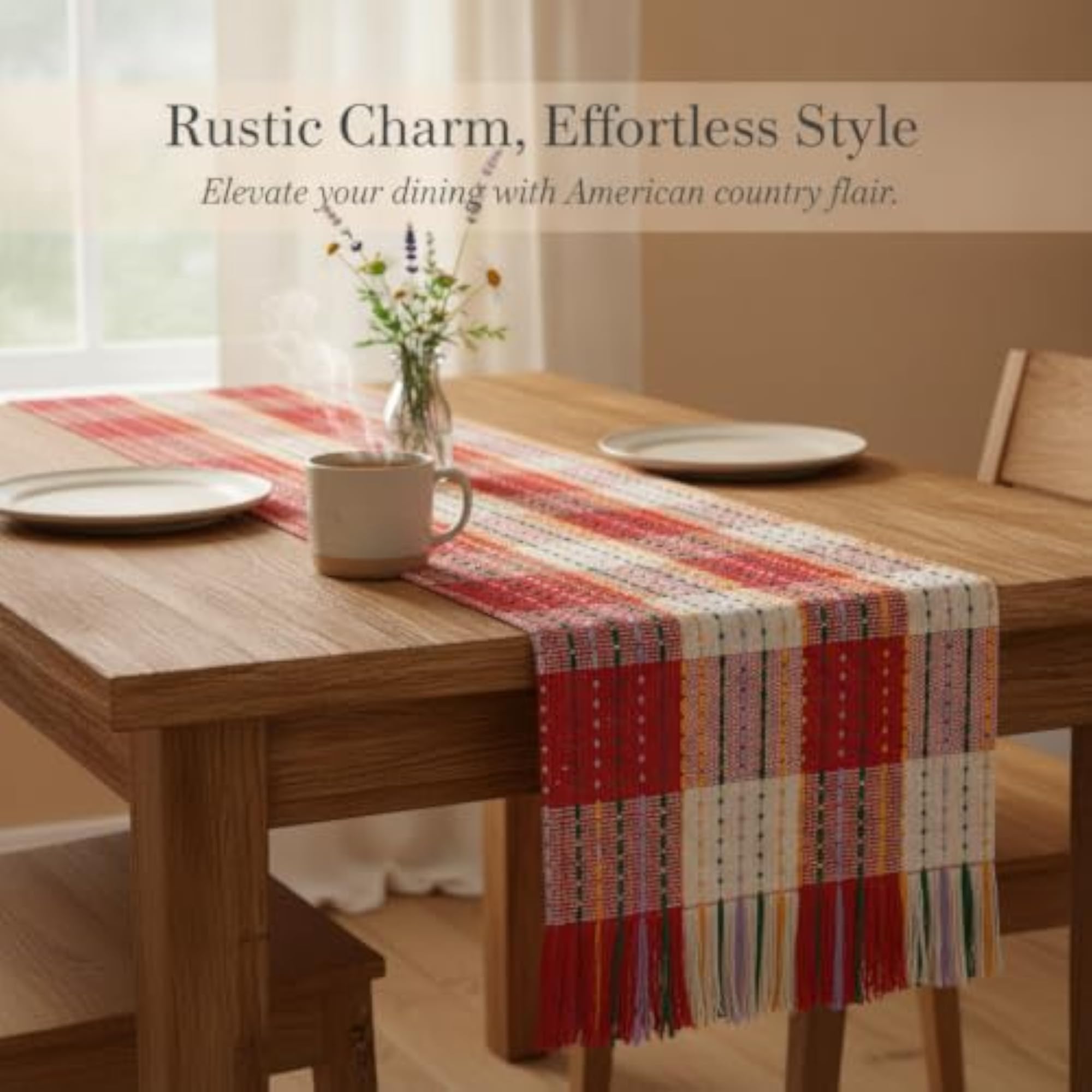 Vintage Red White Checkered Woven Cotton Table Runner