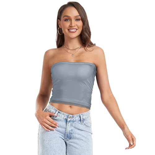 Slate Gray Women's Strapless Hollow Out See Through Crop Top
