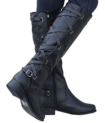 Syktkmx Womens Strappy Motorcycle Knee High Boots Winter Lace Up Riding Flat Low Heel Shoes3
