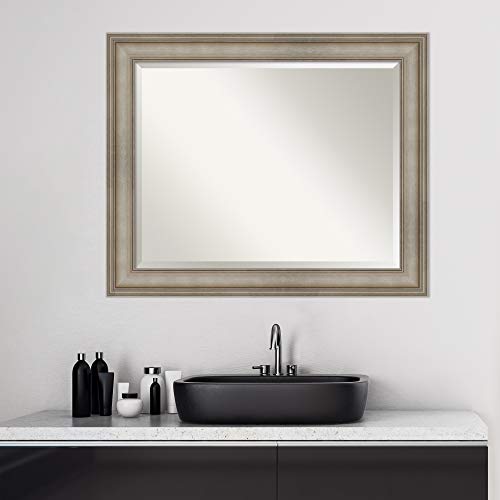Framed Vanity Mirror | Bathroom Mirrors For Wall | Mezzanine Antique Silver Narrow Mirror Frame | Solid Wood Mirror | Medium Mirror | 27.38 X 33.38" #TOP5