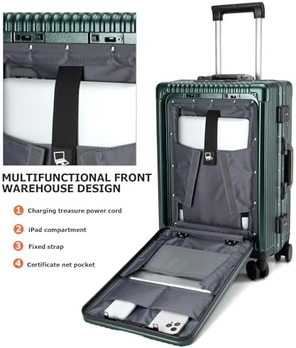 feilario Aluminium Frame PC Hard Shell Spinner Wheels Luggage,20.8X15X8.7 Airline Approved Built-In TSA lock Carry on Suitcase, with Cup Holder, USB Port, Phone Holder