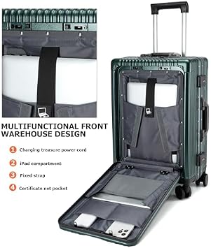feilario Aluminium Frame PC Hard Shell Spinner Wheels Luggage,20.8X15X8.7 Airline Approved Built-In TSA lock Carry on Suitcase, with Cup Holder, USB Port, Phone Holder