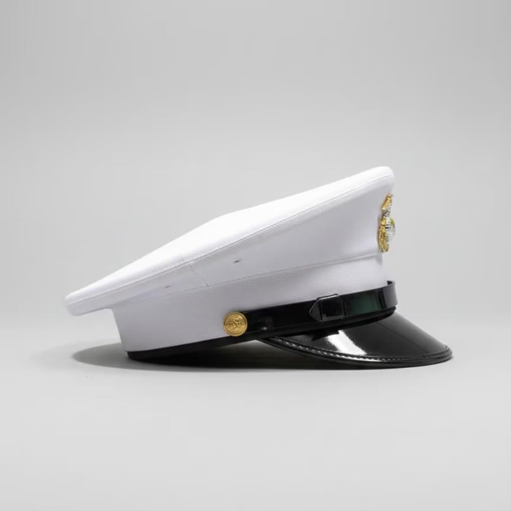 White Military Dress Cap for Men – Formal Ceremonial Uniform Hat with Gold Eagle Globe Anchor Emblem, Black Visor Officer Style Costume Cap for Cosplay, Parade, Reenactment