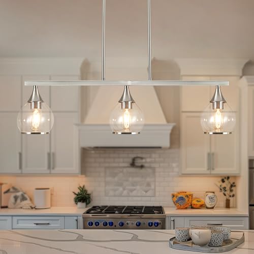 Zoaklighen Island Light for Kitchen, 3-Light Brushed Nickel Island Pendant Lighting with Clear Round Glass Shades for Dining Table, Living Room