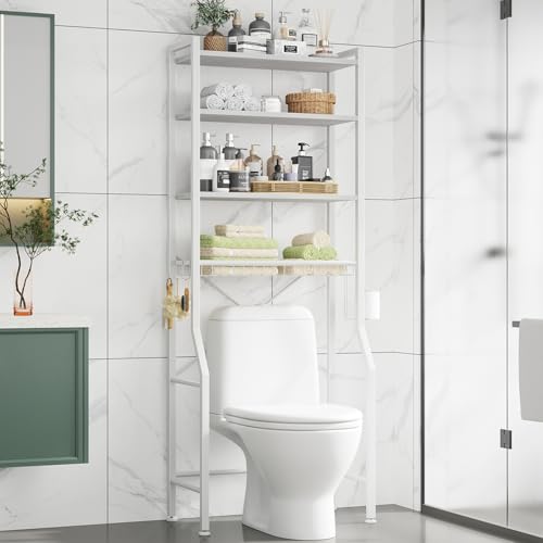 DUMOS Over-The-Toilet Storage Rack, 4-Tier Freestanding Bathroom Organizer Shelf Over Toilets with Adjustable Shelf and Basket, Space Saver Above Toilet Storage Cabinet with 3 Hooks for Rooms, White by DUMOS - Used condition - US$39.56