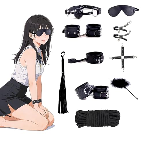 Quintrost Bondage Kit 11 Pezzi SM Bondage Set, Erotico Giocattoli Sessuali Set per Principianti, Sex Toys Sex Restraint Set per Coppie con Manette Maschera Occhi Morsetti Capezzoli (Nero)