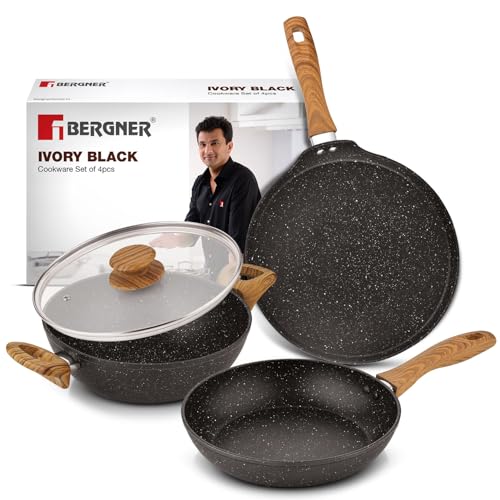 Bergner Ivory Black Granite Non-Stick 4 Pcs Cookware Set - 24cm (2.5L) Kadai with Glass Lid, 24cm Frypan, 28cm Dosa Tawa, Forged Aluminium, Soft Touch Handle, PFOA Free, Induction and Gas Stove Ready