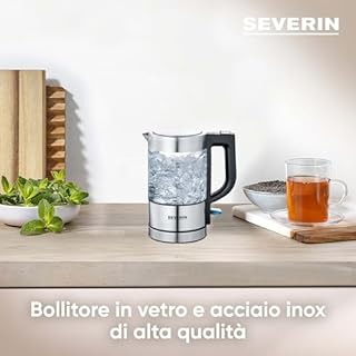 SEVERIN Mini Bollitore in Vetro, 0,5 Litri, 1100W, con Filtro Anticalcare Removibile, 100% BPA Free, Spegnimento Automatico, 17,5 x 10,5 x 19,3 cm, Vetro/Inox/Nero - WK 3472
