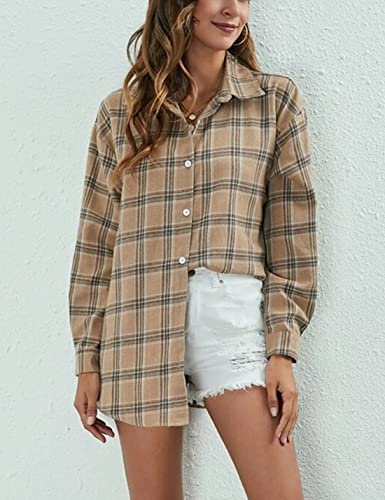 Image of HangNiFang Womens Flannel Plaid Shirts Oversized Button Shirts Blouse Tops