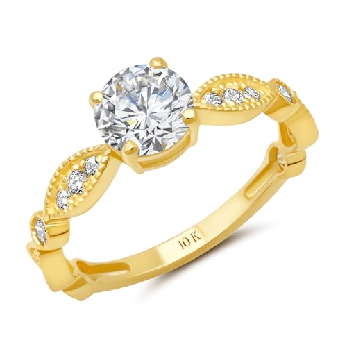 MAX + STONE 1 Carat Cubic Zirconia Engagement or Anniversary Ring for Women with Marquise Band in 10k White or Yellow Gold (1.0 ct.tw) Size 4.5 to 9