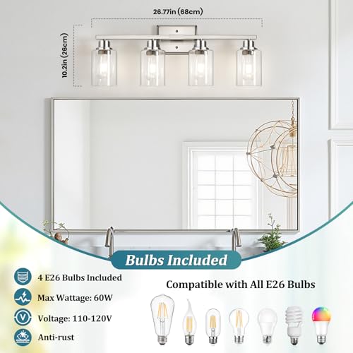 Image of Unicozin Modern Brushed Nickel Bathroom Light Fixtures, 4-Light Vanity Lights Over Mirror with E26 LED Bulbs Included, Wall Sconce with Clear Glass Shades for Living Room Bedroom Hallway Kitchen