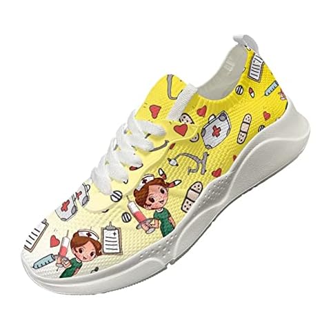 KUIFORTI Yellow Nurse Shoes Ladies Girls Work Gym Shoes Lightweight Womens Fashion Sneaker Medical Nurse Print Running Hiking Shoes Comfortable Fitness Shoes,Size 38 EU Cover