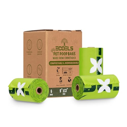 ECOELS Bolsas para excrementos de perros 100% compostables y biodegradables | 90 bolsas para excrementos extra grandes, fuertes y a prueba de fugas | COMPOST HOME certificado y elaborado con almidón