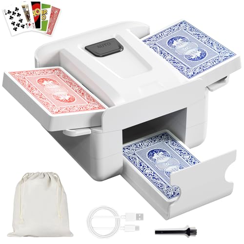 Mischia Carte Automatico, Mescolatore Carte da Gioco Elettrico per 1-2 Mazzi, con batteria incorporata ricaricabile da 2000 mAh per Poker, Uno, Blackjack, Skip-Bo, Phase 10, Texas Hold'em (White)