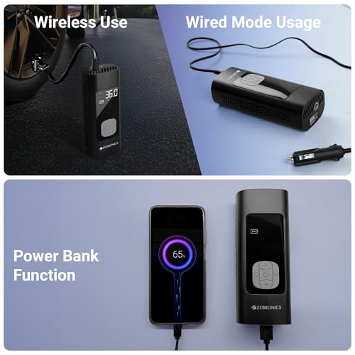 Image of ZEBRONICS 19TI6, Tyre Inflator, 150 PSI, 6000mAh, Super Fast Inflation, Power Bank Function, Type-C, Included 12V Car Adapter, Wired & Wireless Mode, SOS Mode, Flashlight, for Car | Bike | Bicycle