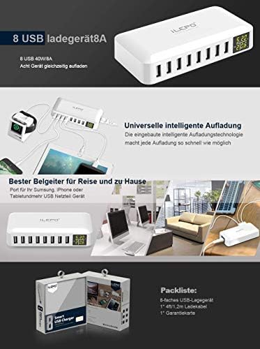 iLepo USB Charger Multi Port Charging Station with LED Digital Display, 40W 8A Max 8-Port USB Hub Charger for iPhone iPad Smart Phone and Other Devices
