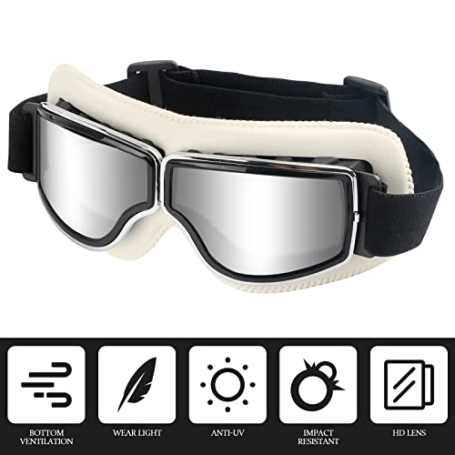 Ggbuy Motorcycle Goggles Vintage Anti Fog Pilot Glasses Dustproof Atv Off Road Motorbike Helmet Eyewear Protect For Ridding Motorcross Classes Aviator Goggles (White-Silver Lens) #TOP1