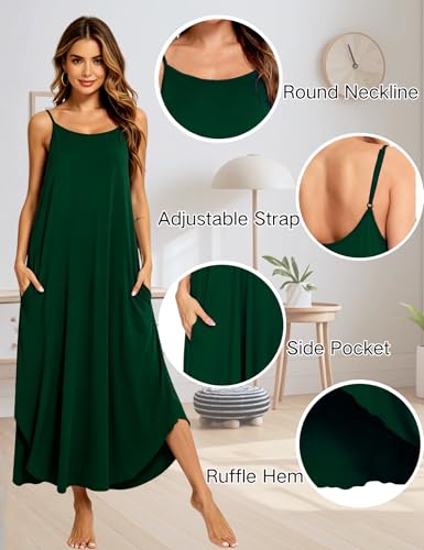 Image of SWOMOG Women Long Nightgown Pajama Dress Soft Strap Nightdress Summer Sleeveless Nightshirt Lounge Dress with Pockets
