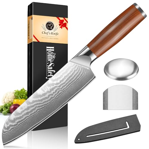Home Safety Santoku Knife, 7 inch Damascus Kitchen Knife Made of 67-Layers Damascus Steel, Professional Chef's Knives with Ergonomic Stainless Steel Handle for Chefs and Home Cooking, Gift Box