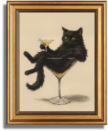 A sassy black cat chilling inside a martini glass rendered in 3D textured canvas — it's kitsch done right and practically gifts itself.